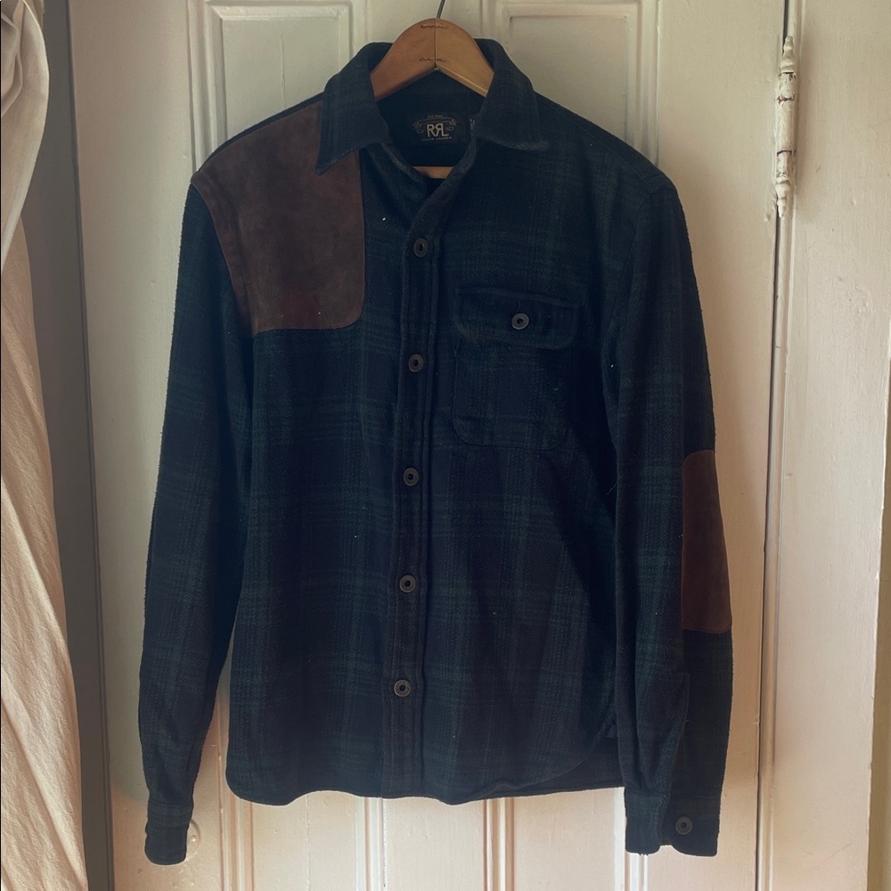 Double RL black watch suede shotgun patch work shirt